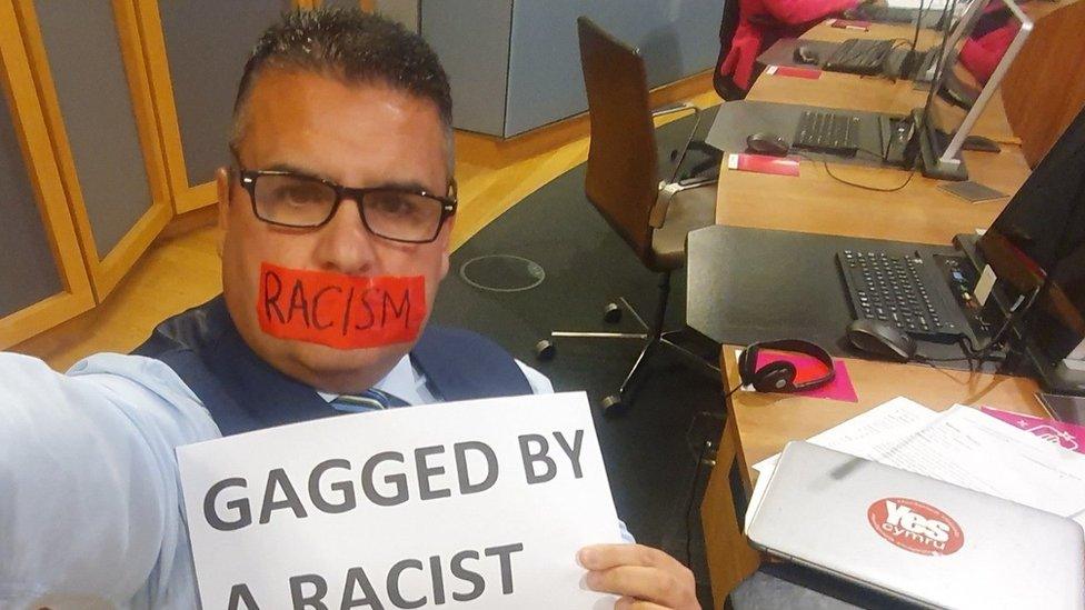 Neil McEvoy selfie of his protest in the Senedd