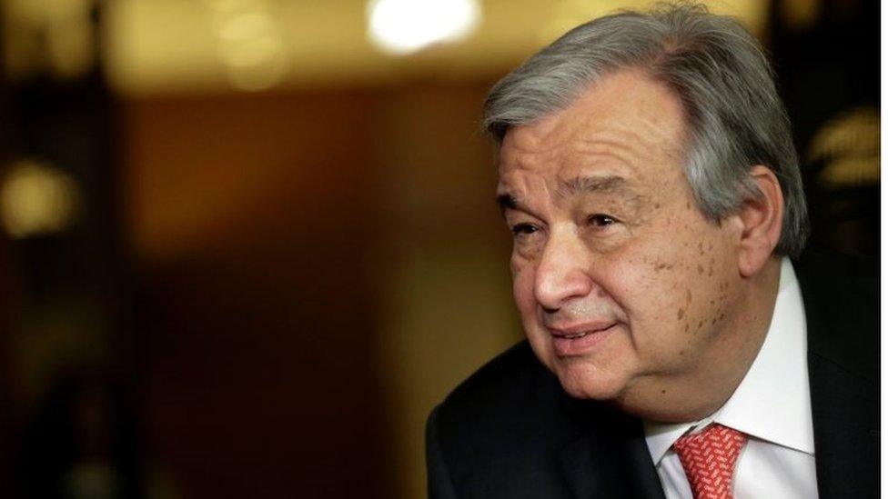 Antonio Guterres speaks to reporters on the selection of the next UN Secretary-General at the UN headquarters in New York on 12 April 2016