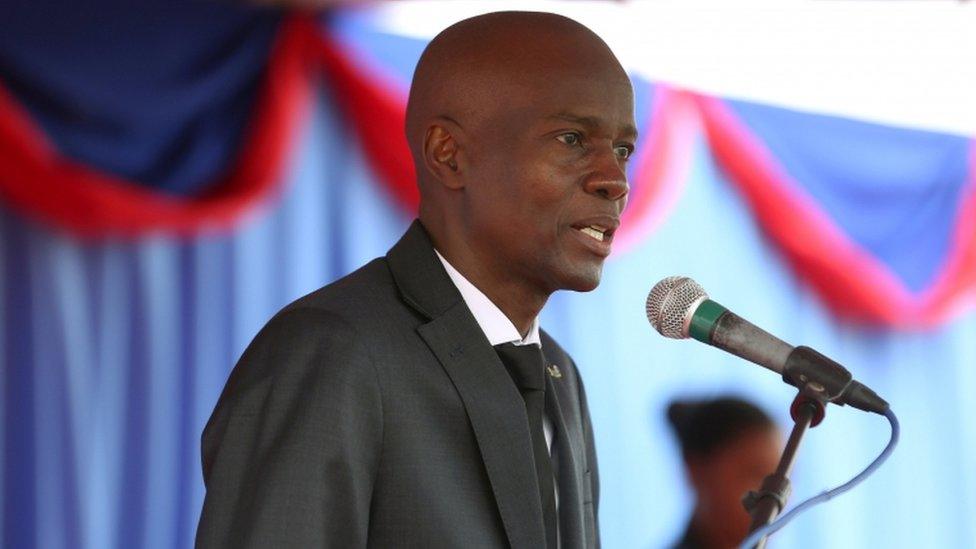 President Jovenel Moise at an event marking eighth anniversary of earthquake, speaking on stage in Port-au-Prince