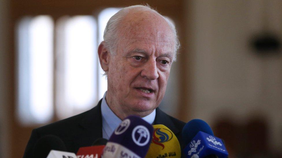 Staffan de Mistura talks to reporters in Tehran (12 April 2016)