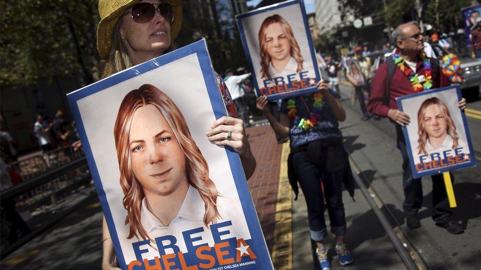 signs calling for the release of imprisoned wikileaks whistleblower Chelsea Manning in San Francisco, California June 28, 2015.