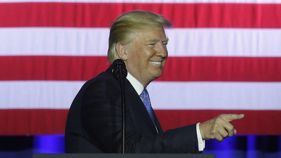 Donald Trump smiles during his tax speech in Indianapolis