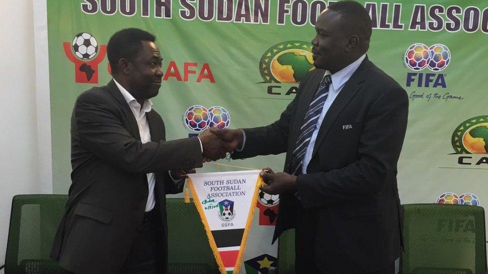 South Sudan FA president Chabur Goc Alei and Fifa's Veron Mosengo-Omba