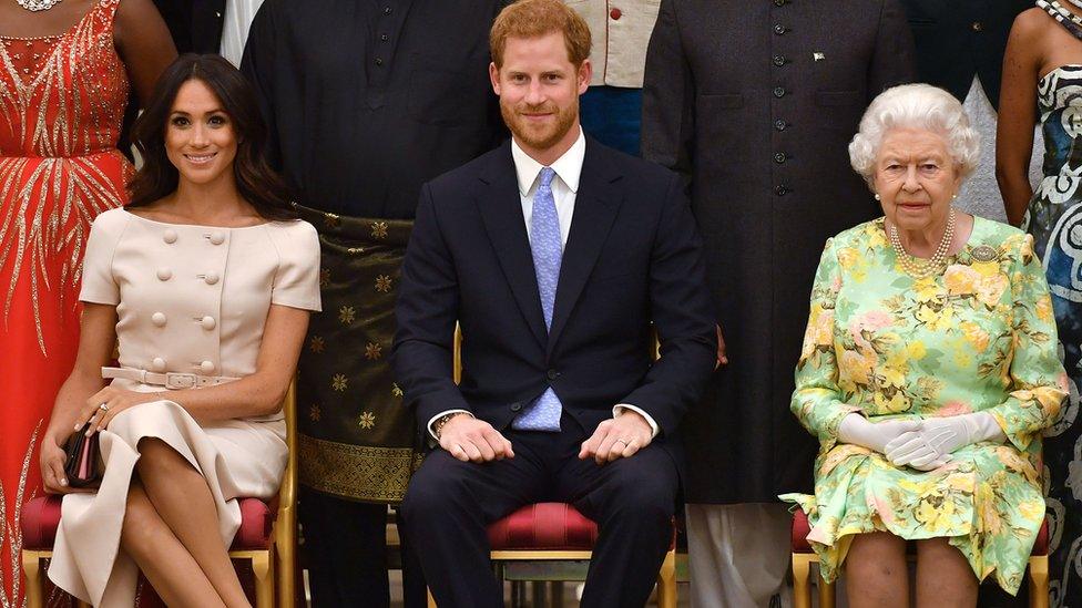 The Duke and Duchess of Sussex and the Queen at the 2018 awards ceremony