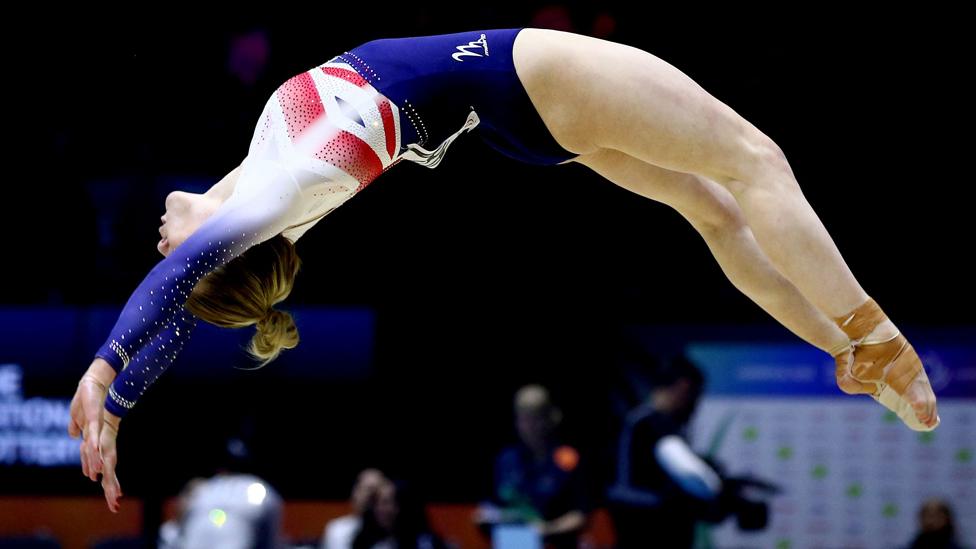 Alice Kinsella of Great Britain competes on the Floor in the women's team final at the 51st FIG Artistic Gymnastics World Championships in Liverpool