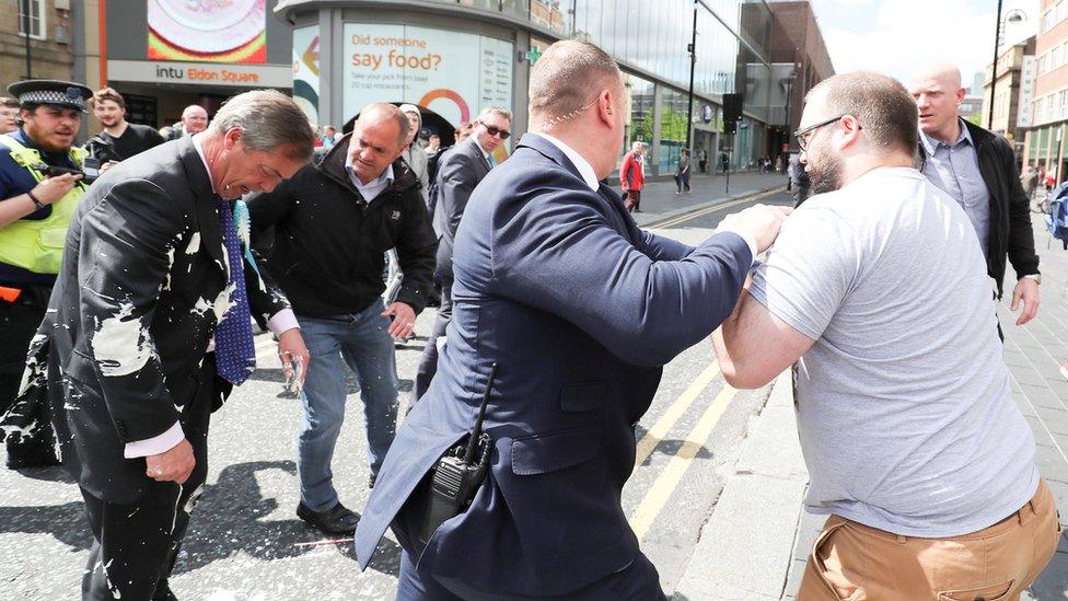 Nigel Farage hit by milkshake in Newcastle