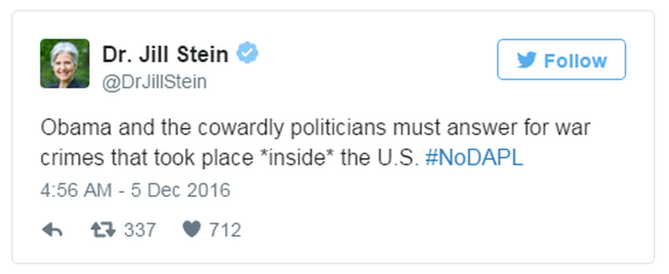 A tweet reads: "Obama and the cowardly politicians must answer for war crimes that took place *inside* the U.S. #NoDAPL"