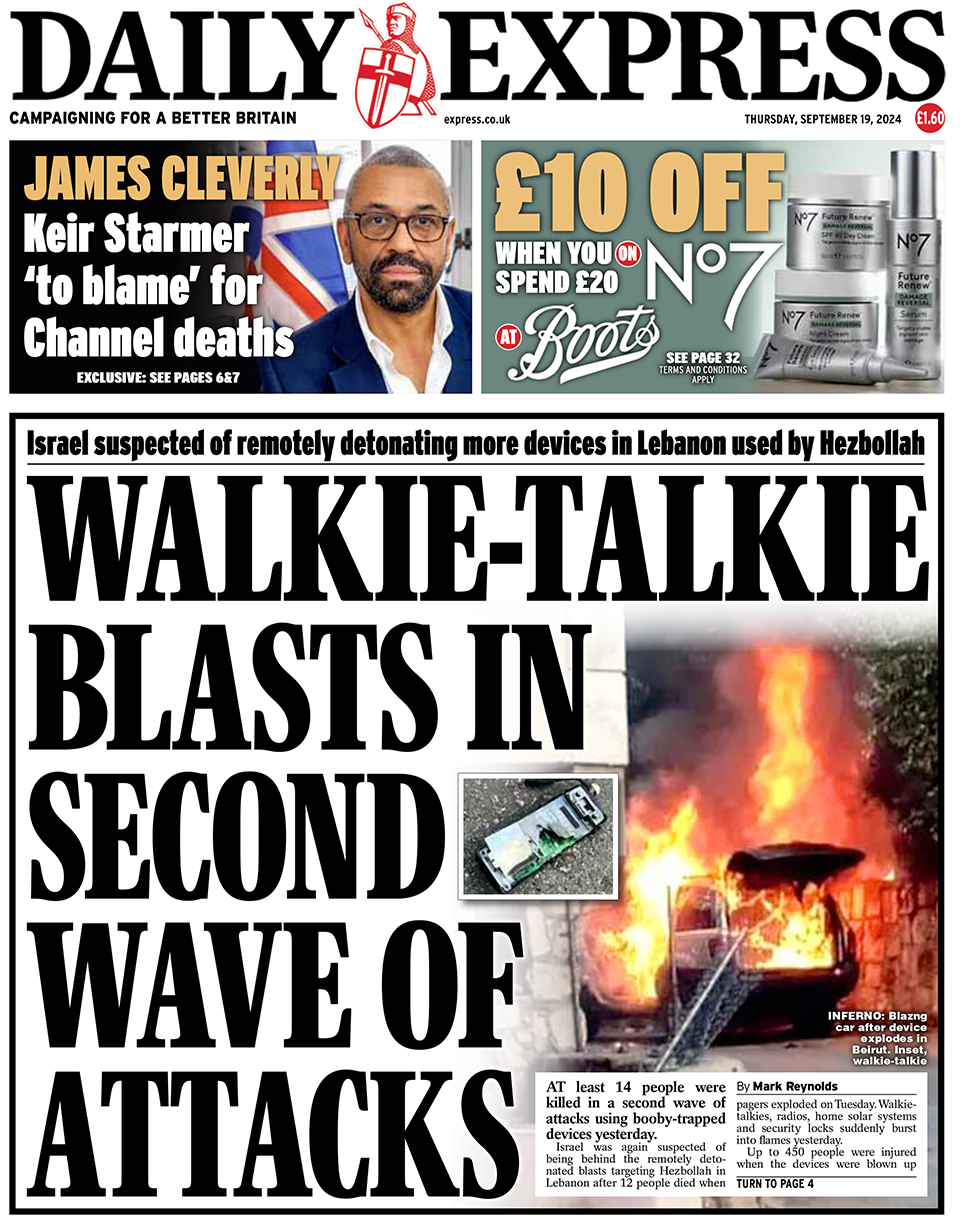 "Walkie-talkie blasts in second wave of attacks" reads the Daily Express 