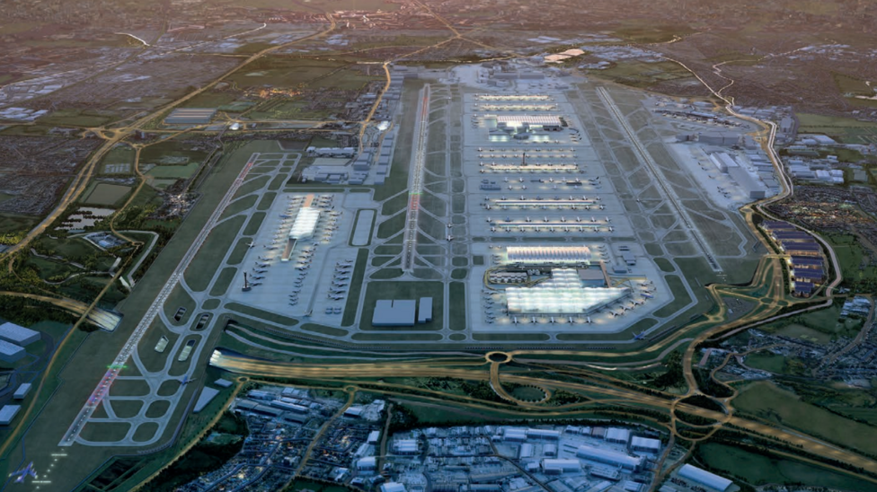 A visualisation viewing the airport from above, showing the new runway stretching over a section of the M25 which is lowered to accommodate the change.