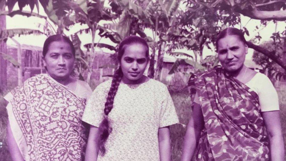 Mrudula Desai with her mum and aunt in Uganda