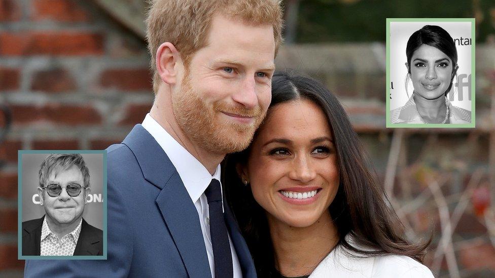 Harry and Meghan stand smiling together at their engagement shoot, inset pictures show Elton John and Priyanka Chopra.