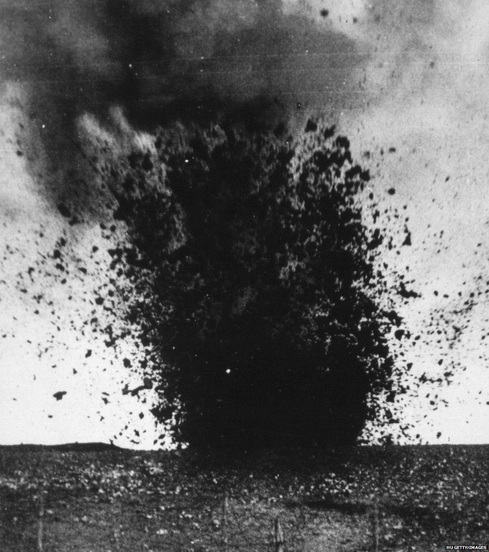 A heavy shell exploding during the Battle of the Somme