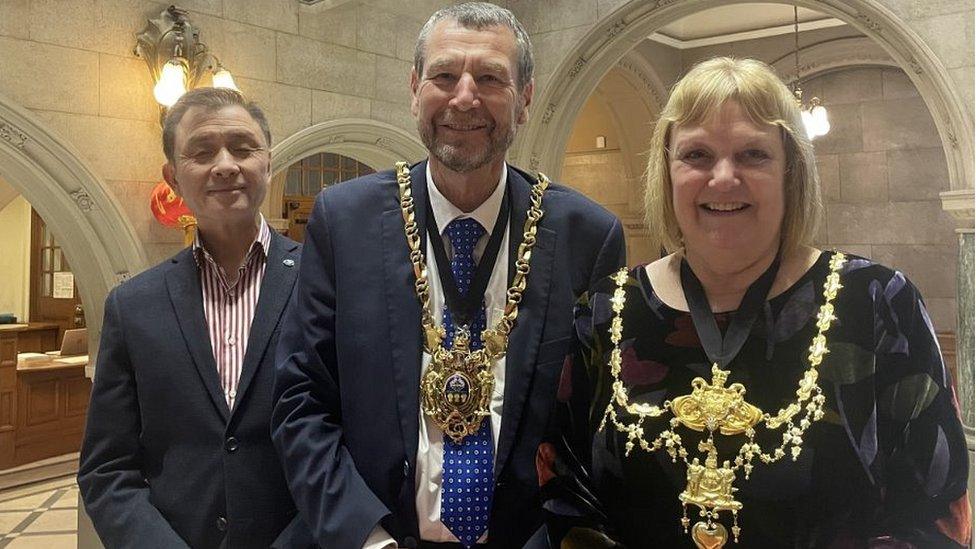 Jerry Cheung with Lord Mayor of Sheffield Councillor Colin Ross and Lady Mayoress Susan Ross