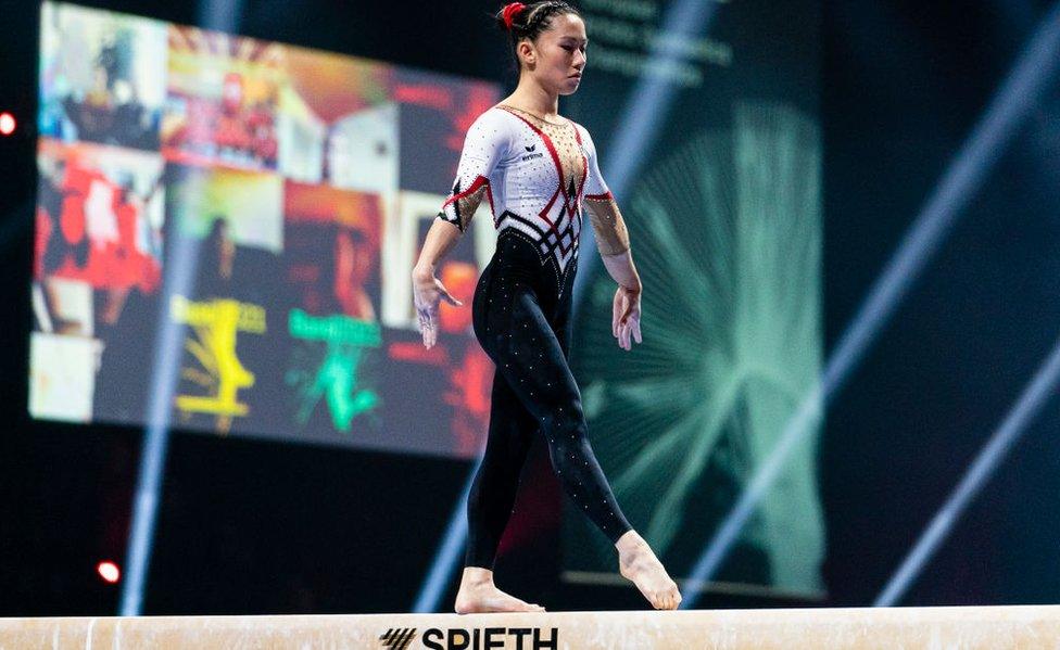 Kim Bui of Germany competes on the beam during the Women's Artistic Gymnastics Finals at St. Jakobshalle on April 23, 2021 in Basel, Switzerland