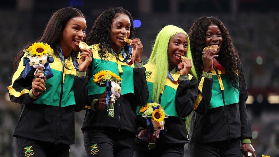 Shelly-Ann-Fraser-Pryce-Briana Williams-Elaine-Thompson-Herah-and Shericka-Jackson.