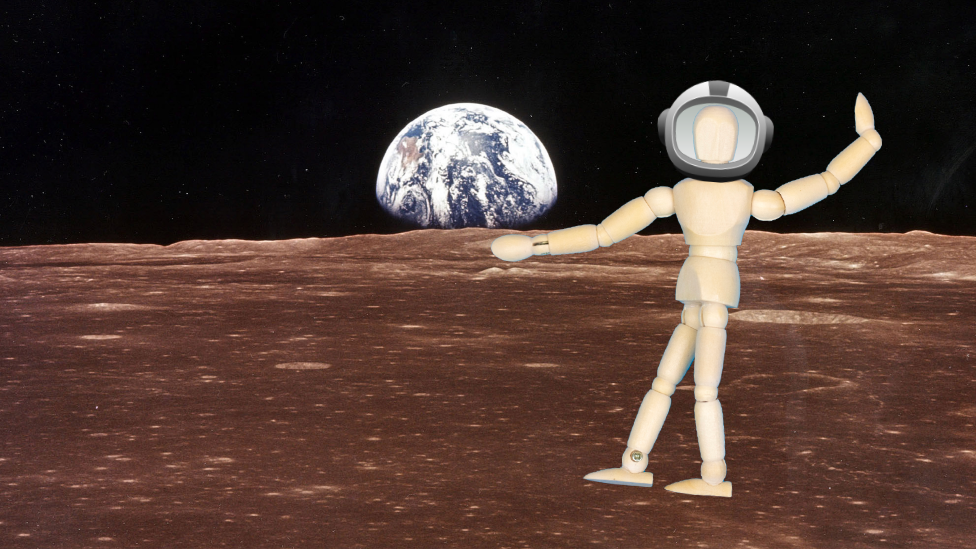 An art mannequin superimposed on the moon