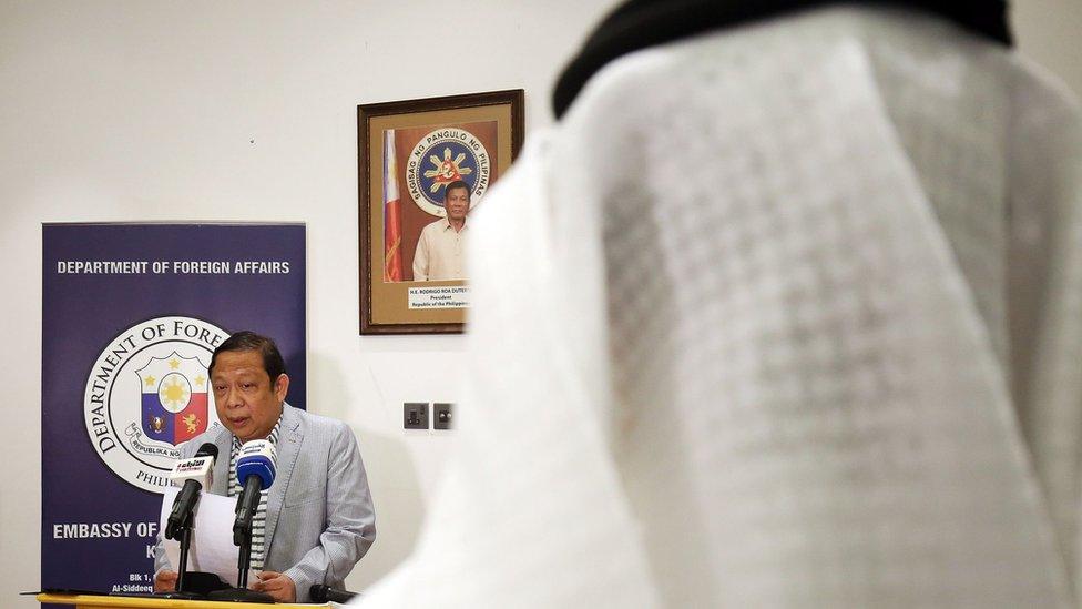 Philippine Ambassador Renato Pedro Villa speaks to reporters in Kuwait City (21 April 2018)