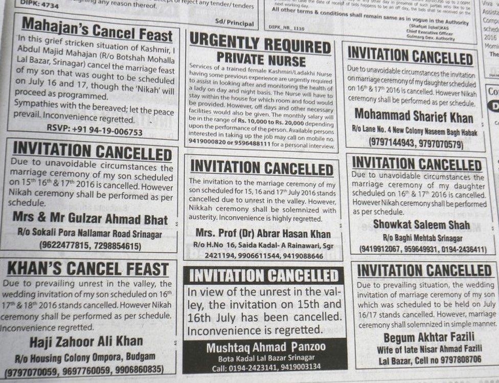 A classified page of a local newspaper filled with cancellation of marriage invitations in Srinagar, the summer capital of Indian Kashmir, 14 July 2016.