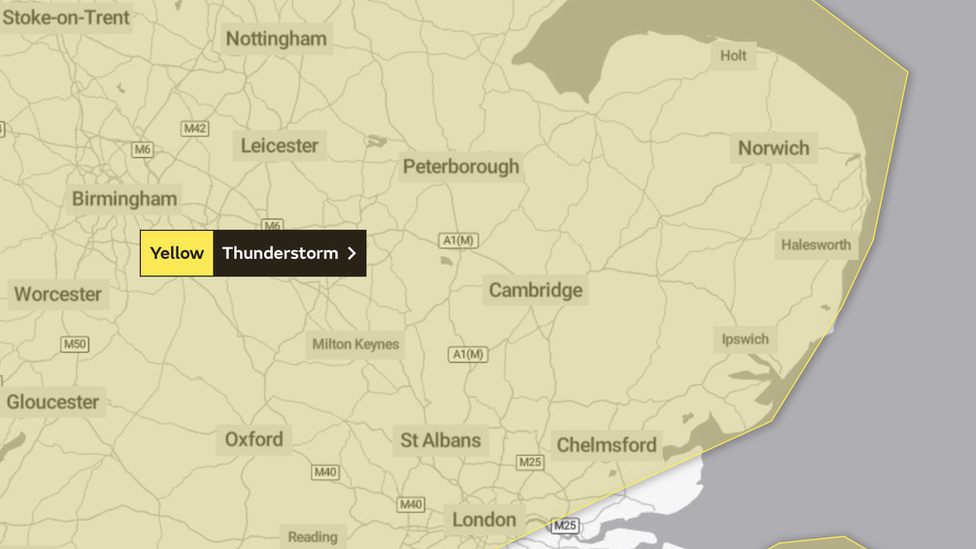 Map of England with yellow weather warning covering East of England