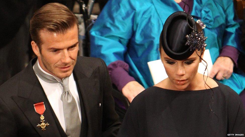 Fashion designer Victoria Beckham and her husband David at the wedding of the Duke and Duchess of Cambridge in 2011