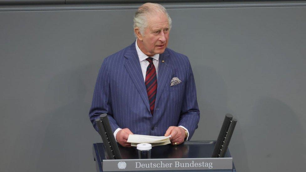 King Charles III addresses members of the German Bundestag at the Reichstag Building on March 30, 2023 in Berlin, Germany.