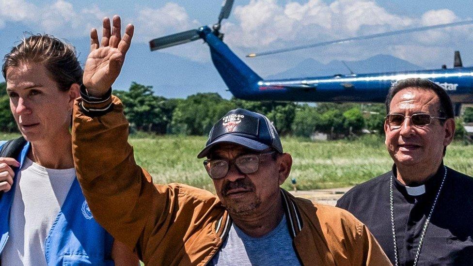 A handout photo made available by the UN showing Luis Manuel Diaz (C), father of Liverpool footballer Luis Diaz in Valledupar, Colombia, 09 November 2023, after being released following twelve days kidnapped by the National Liberation Army (ELN) guerrilla.