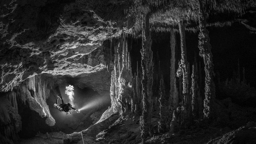 a black and white photograph shows a diver swimming through a spooky looking cave with lots of stalagmites and stalactites