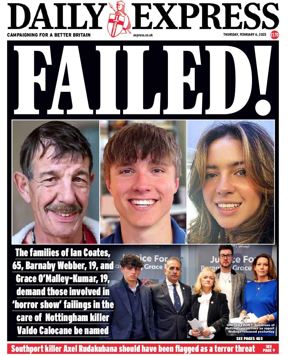 Daily Express front page with headline Failed! and pictures of Ian Coates, Barnaby Webber and Grace O'Malley-Kumar.