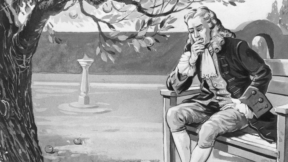 Artist's impression of Sir Isaac Newton contemplating the force of gravity