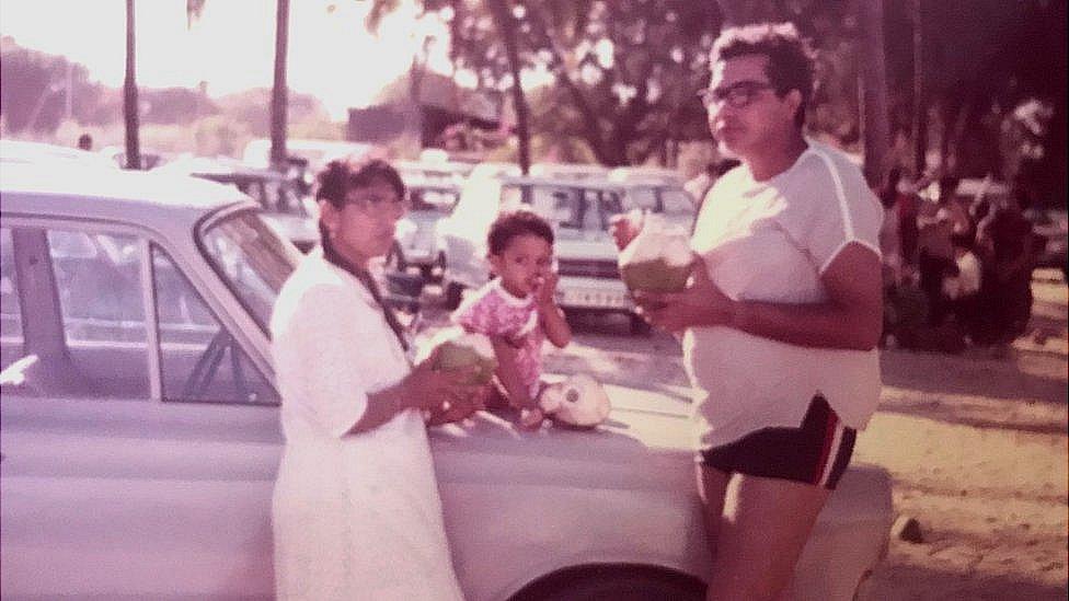 Sudha Vyas, left, her husband Sunil and their daughter Sapna in Uganda