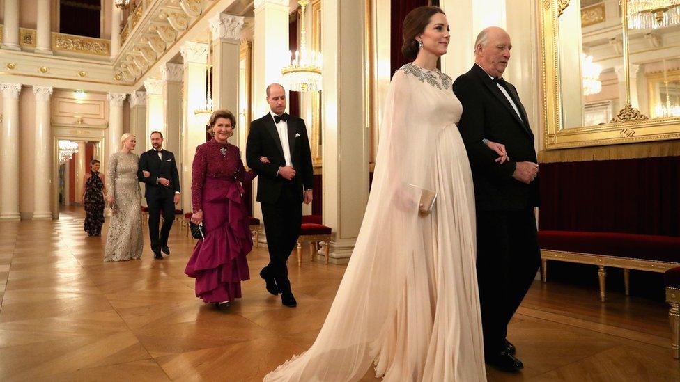 Duke and Duchess of Cambridge being escorted to dinner by King Harald V and Queen Sonja of Norway