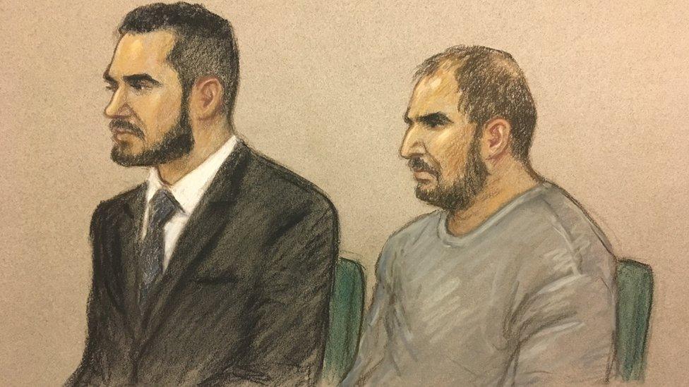 Court drawing of Vincent Tappu (left) and Mujahid Arshid