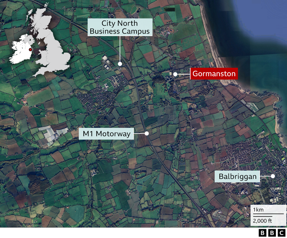 A BBC map pinpointing where Gormanston is, the motorway, local business campus and Balbriggan. There is a black BBC logo in the bottom right corner, and a white map of the UK in the top left corner.