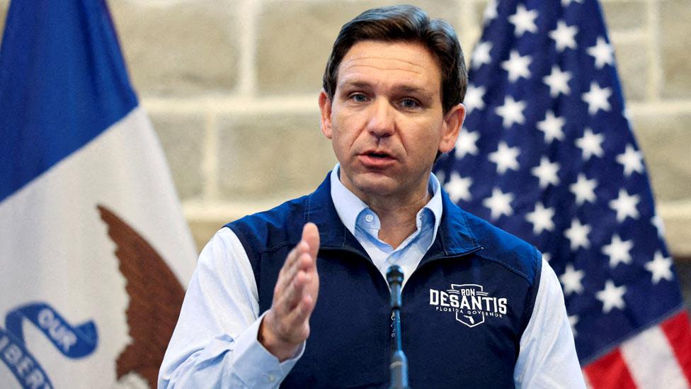 Florida Governor Ron Desantis addresses Iowa residents at Sun Valley Barn in Pella, Iowa, US, on 31 May 2023