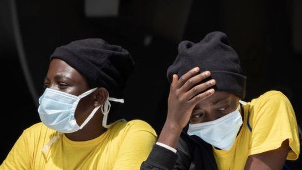 Migrants at the MSF's (Doctors Without Borders) Geo Barents ship at the Italian port of Brindisi on September 19, 2023, carrying 471 migrants, including 173 minors, one of whom was less than a year old.