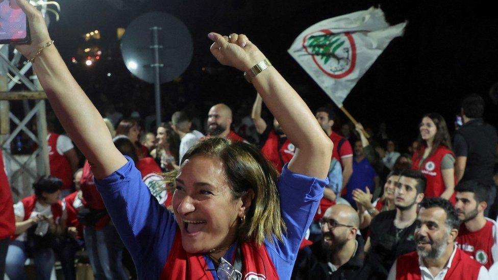 Supporters of the Christian Lebanese Force party celebrate in Beirut, Lebanon (15 May 2022)