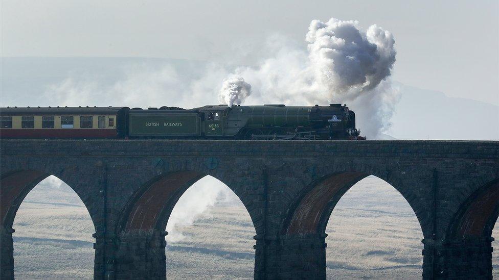 Carlisle to Settle railway line going over the Ribblehead viaduct