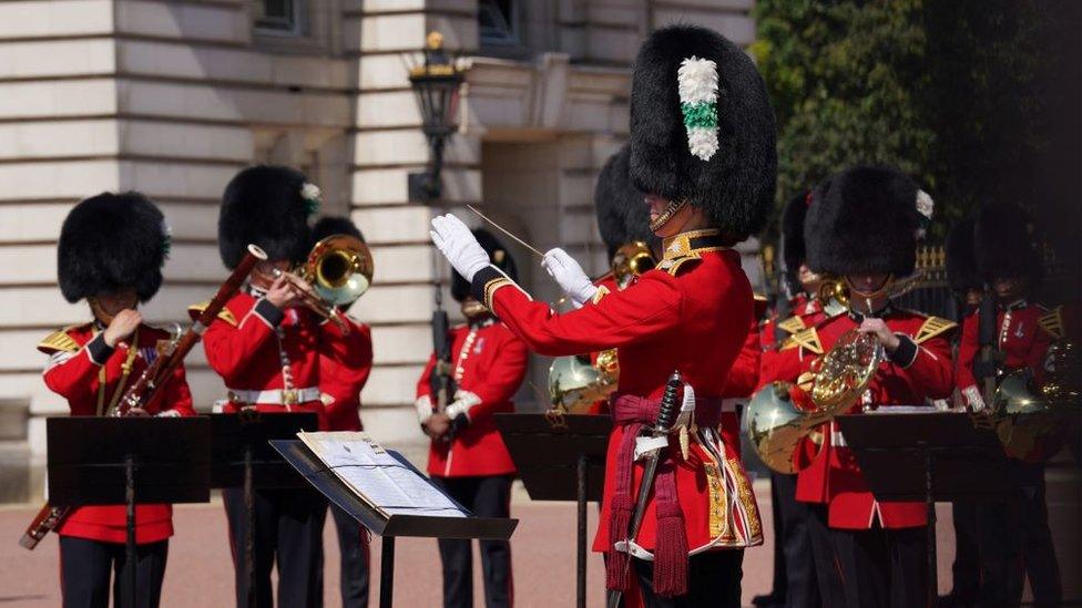 The Welsh Guards Band perform 'Sweet Caroline' and 'Waltzing Matilda' at Buckingham Palace, during the FIFA Women's World Cup semi-final between Australia and England