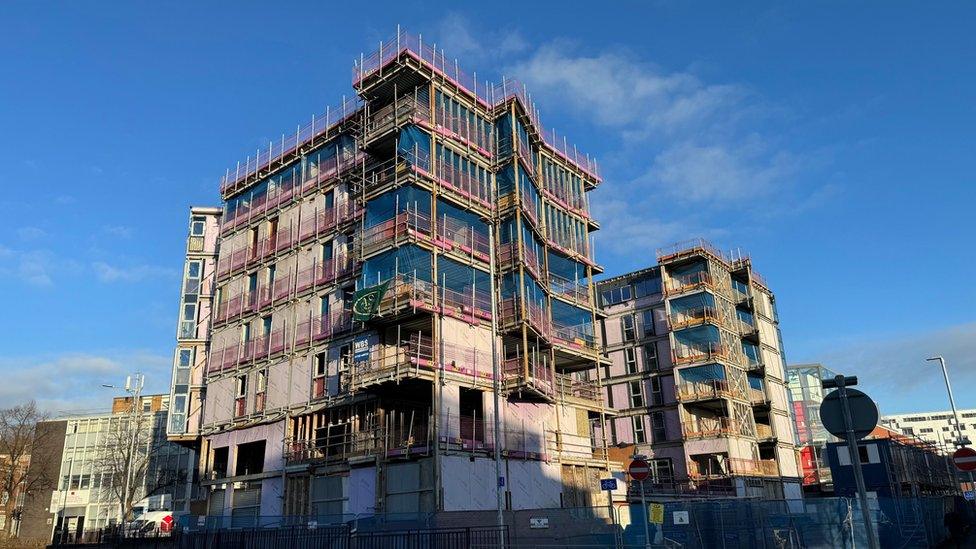 The half-finished Sky Building in Newcastle-under-Lyme