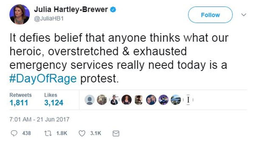 Julia Hartley Brewer tweets: "It defies belief that anyone thinks what our heroic, overstretched and exhausted emergency services really need today is a Day of Rage protest"