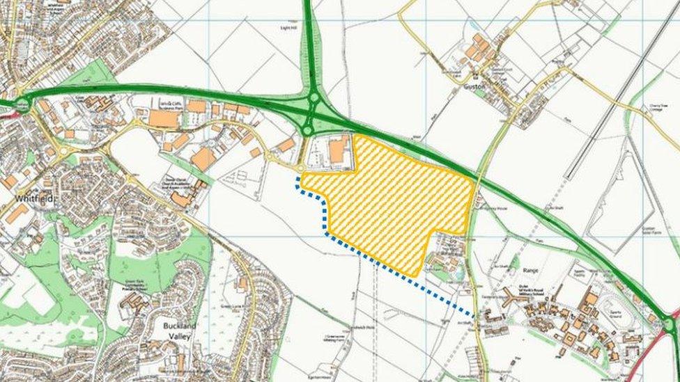 The area marked by yellow lines shows the intended site