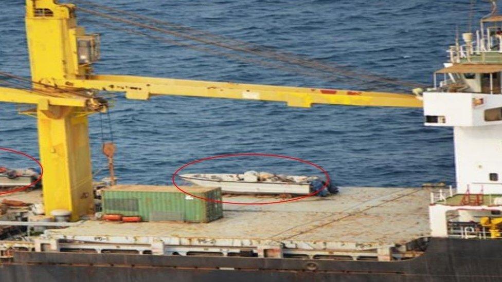 Photograph released by the Saudi-led coalition in Yemen in 2018 purportedly showing speedboats on the deck of the Saviz