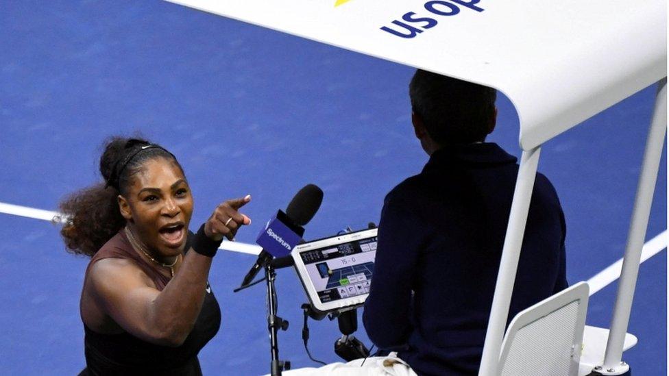 Serena Williams argues with chair umpire Carlos Ramos at the US open