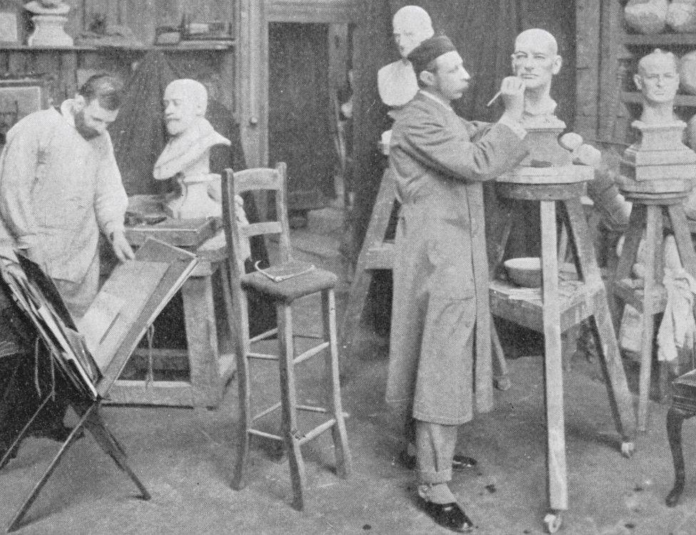 Preparing models at Madame Tussaud's, London, circa 1903 (1903). John Theodore Tussaud (1858-1943), sculptor, manager and chief artist of Madame Tussaud's at work