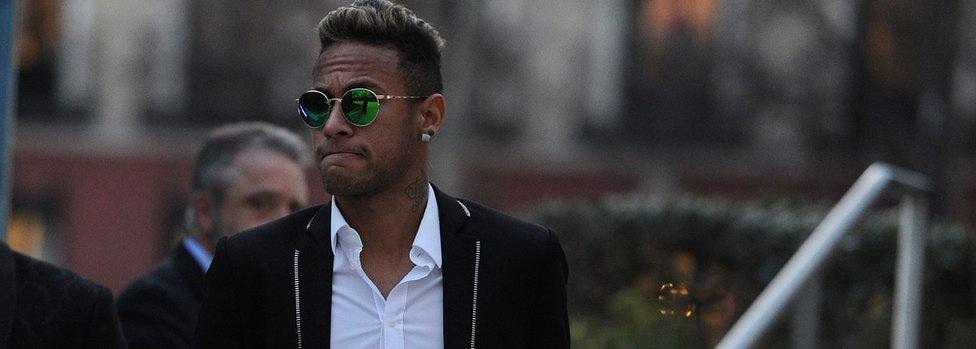 Neymar of FC Barcelona leaves the National Court on February 2, 2016 in Madrid, Spain.