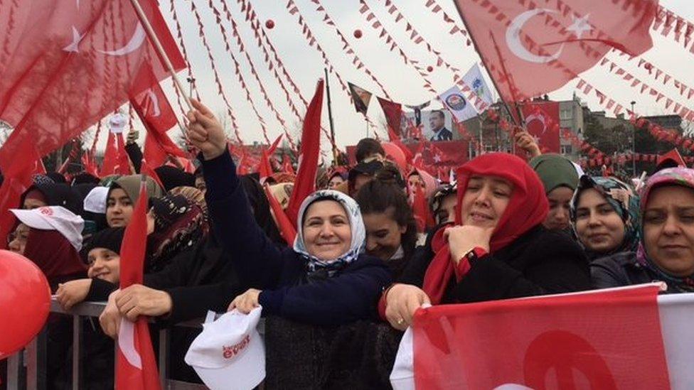 Supporters smile and wave flags during the rally