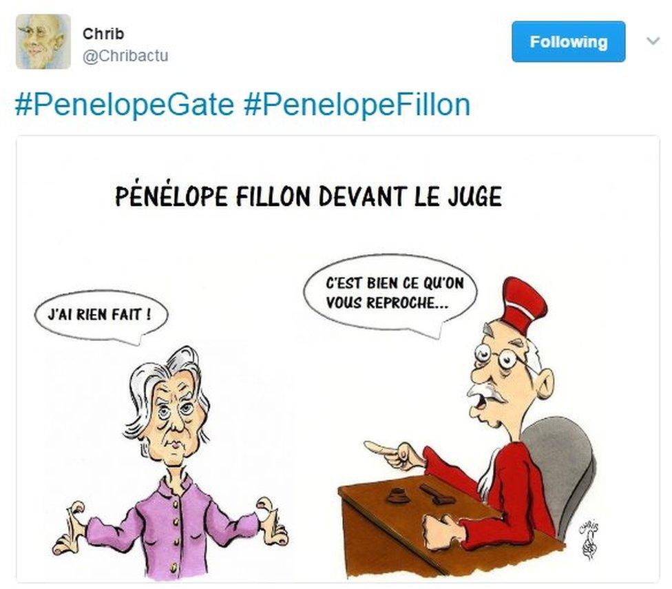 @Chribactu's cartoon shows Penelope Fillon saying 'I haven't done anything' and the judge saying 'That's exactly why we're investigating you'