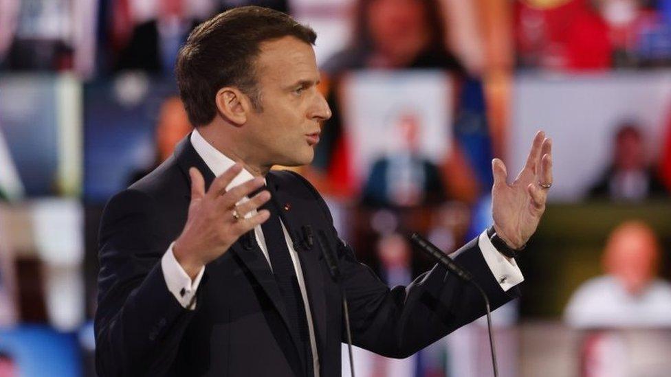 Emmanuel Macron delivers his speech on the Future of Europe and to mark Europe Day, at the European Parliament in Strasbourg, May 2021