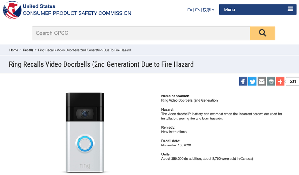 Ring doorbell recall notice