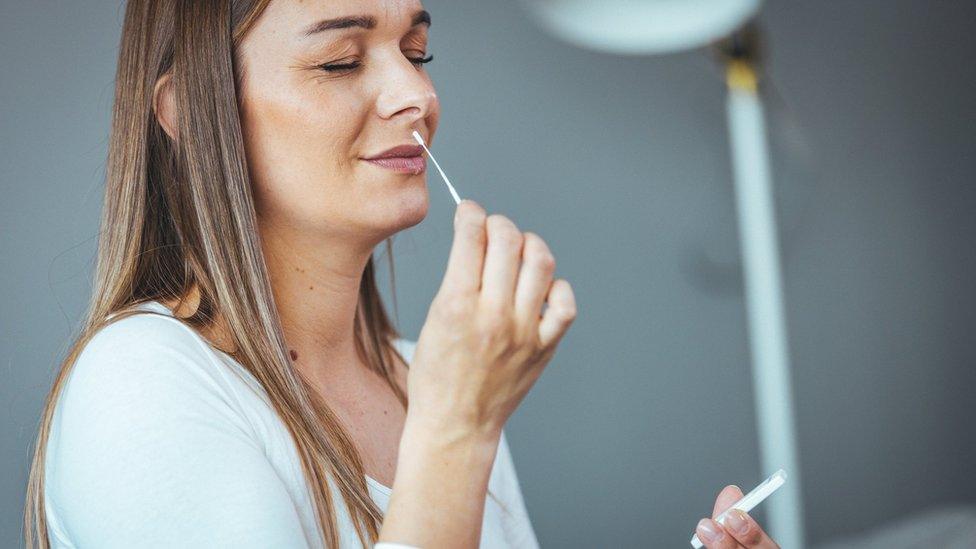 Woman doing a lateral flow test.